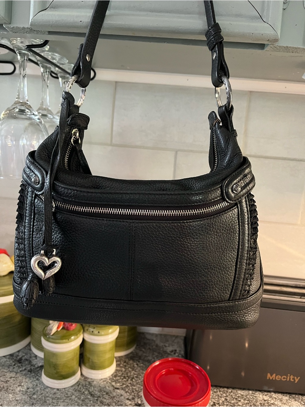 BRIGHTON DOMINIQUE Ruffles Tasseled Black Leather Shoulder Bag